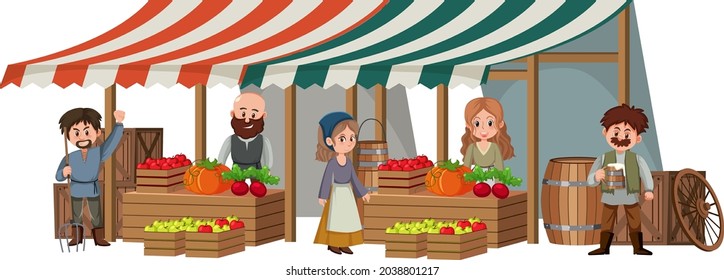 Medieval villagers at fruit store on white background illustration