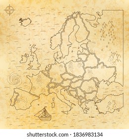 Medieval vintage europe map on old yellow paper