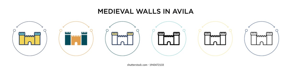 Medieval walls in avila icon in filled, thin line, outline and stroke style. Vector illustration of two colored and black medieval walls in avila vector icons designs can be used for mobile, ui, web