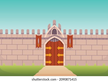 Medieval walls front view. Castle stone fortification with wooden city gate, fairy tale exterior. Ancient game illustration, entrance arch and door. Stronghold stone walls