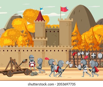Medieval war cartoon scene illustration