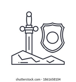 Mittelalterliches Kriegssymbol, lineare einzelne Illustration, dünne Linie, Webdesign-Zeichen, Umrisssymbol mit bearbeitbarem Strich auf weißem Hintergrund.