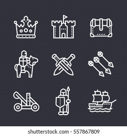 medieval war line icons set, knight, spearman, horseman, crown, castle, catapult, siege, sailing vessel
