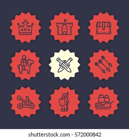 medieval war line icons set, knight, spearman, horseman, arrows, crown, castle, sailing vessel, catapult, siege