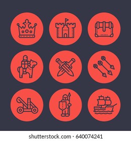 medieval war line icons set, knight, spearman, arrows, crown, castle, ship, catapult, siege