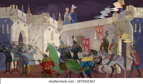 Medieval war scene. Crusaders in an armor. Soldiers of the kingdom. Ancient book vector illustration. Knightly tournament. Middle Ages, parchment concept. Historical miniature art 