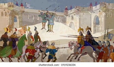 Medieval war scene. Middle Ages, parchment concept. Historical miniature art. Crusaders in an armor. Soldiers of the kingdom. Ancient book vector illustration. Knightly tournament 