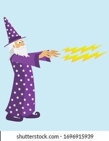 
Medieval warlock casting spell on blue background. medieval sorcerer