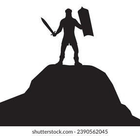A medieval warrior in armor is standing on a high point in silhouette