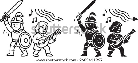 Medieval Warrior and Bard with Sword and Lute Icon Illustration