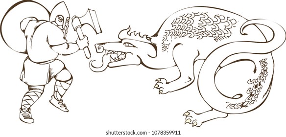 Medieval warrior battles with dragon. Vector illustration