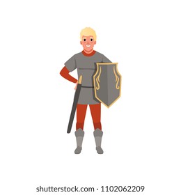 Medieval warrior character with shield and sword vector Illustration on a white background