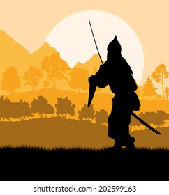 Medieval warrior, crusader vector background landscape concept