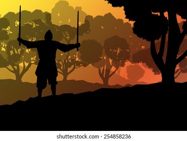 Medieval warrior, crusader vector background landscape concept with trees and forest