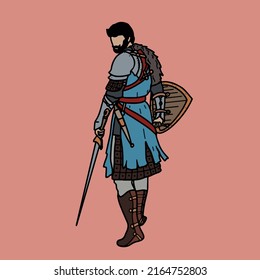 Medieval warrior hero with sword and shield.