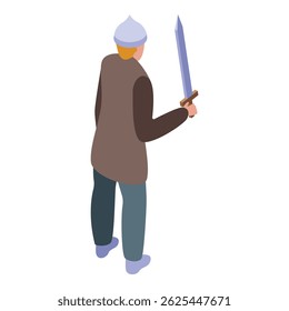 Medieval warrior is holding a sword, seen from behind, in this isometric illustration