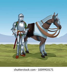 Medieval warrior with horse on battlefield
