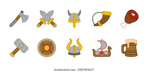 Medieval warrior icon set colored. Viking and ancient warrior vector illustration. Includes helmet, axe, shield, sword, battle horn, ship, hammer and beer mug. Nordic history armor symbols colorful.