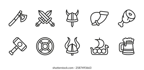 Medieval warrior icon set. Viking and ancient warrior vector illustration. Includes helmet, axe, shield, sword, battle horn, ship, hammer and beer mug. Nordic history and armor symbols.