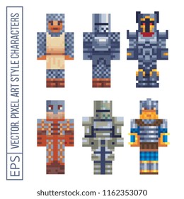 Medieval warrior, knight in armor pixel art man video game characters set. Sticker design. 8-bit sprite. Isolated vector illustration. 