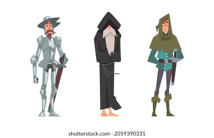 Medieval Warrior or Knight in Armor with Sword and Barefoot Wanderer in Hood Vector Set