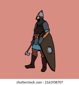 Medieval warrior with a large shield and an ax.