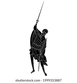 Medieval warrior man holding sword in raised arm. Orthodox Christian male character. Black and white negative silhouette.