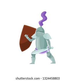 Medieval warrior with shield and sword in hands in fighting pose. Brave knight in shiny iron armor. Flat vector design