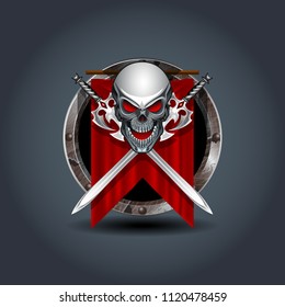 Calavera de guerrero medieval con espadas, icono de hierro redondeado. Para Ui/Juego.