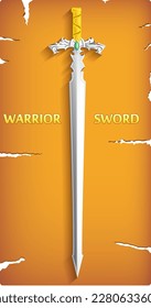Medieval Warrior sword placed on antique parchment background in vector illustration