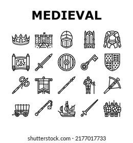 Medieval Warrior Weapon And Armor Icons Set Vector. Medieval Knight Sword And Ax, Helmet And Shield, Arrow And Crossbow, King Crown And Throne. Antique Kingdom Castle Black Contour Illustrations