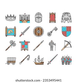 Medieval Warrior Weapon And Armor Icons Set Vector. Medieval Knight Sword And Ax, Helmet And Shield, Arrow And Crossbow, King Crown And Throne. Antique Kingdom Castle Color Illustrations