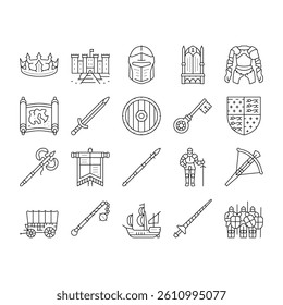 Medieval Warrior Weapon And Armor Icons Set Vector. Medieval Knight Sword And Ax, Helmet And Shield, Arrow And Crossbow, King Crown And Throne. Antique Kingdom Castle Black Contour Illustrations