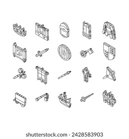 Medieval Warrior Weapon And Armor isometric icons set. Medieval Knight Sword And Ax, Helmet And Shield, Arrow And Crossbow, King Crown And Throne. Antique Kingdom Castle Color