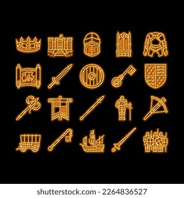 Mittelalterliche Kriegerwaffe und Rüstungsneonenleuchte, die Vektorgrafik. Mittelalterliches Ritterschwert und Ax, Helm und Schild, Pfeil und Kreuzbogen, King Crown und Throne. Schlosserei im antiken Königreich