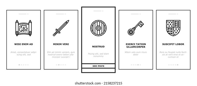 Vector de pantalla de la aplicación móvil Medieval Warrior Arms And Armor Onboard. Espada Medieval De Caballero Y Ex, Casco Y Escudo, Flecha Y Corco, Corona De Rey Tono. Ilustraciones del Castillo del Reino Antiguo