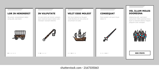 Medieval Warrior Weapon And Armor Onboarding Mobile App Page Screen Vector. Medieval Knight Sword And Ax, Helmet And Shield, Arrow And Crossbow, King Crown Throne. Antique Kingdom Castle Illustrations