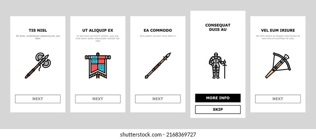 Medieval Warrior Weapon And Armor Onboarding Mobile App Page Screen Vector. Medieval Knight Sword And Ax, Helmet And Shield, Arrow And Crossbow, King Crown Throne. Antique Kingdom Castle Illustrations