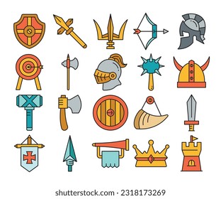 conjunto de iconos medievales de guerrero y arma