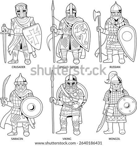medieval warriors of different countries, coloring book