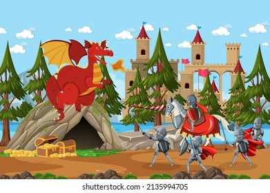 Medieval warriors fighting with ancient dragon illustration