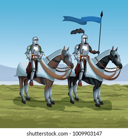Medieval warriors with horses on battlefield