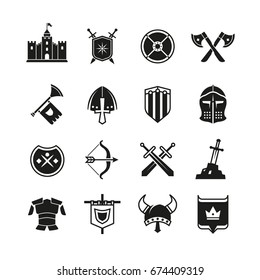 Medieval warriors shield and sword vector icons. Ancient knight symbols. Sword weapon and collection of history accessory illustration
