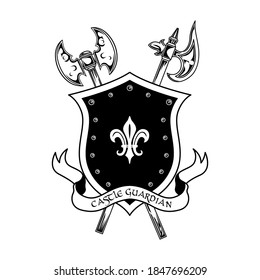 Medieval warriors weapon vector illustration. Crossed axes, shield and castle guardian text. Guard and protection concept for emblems or badges templates