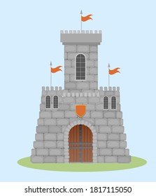 Medieval watch citadel illustration. Powerful stone walls with loopholes and orange shield over entrance defensive fortification strategic road confident defense and beautiful vector architecture.