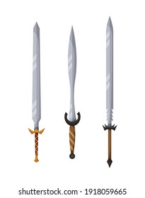 Colección de armas medievales. Armamento antiguo, guerra y concepto herálico. Ilustración de íconos de arma de fuego. Armamento en el mundo. Símbolo aislado en fondo blanco