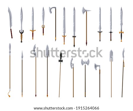 Medieval weapon collection. Ancient weaponry, war and heraldry concept. Spears swords and battle axes. World melee weaponry