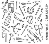 Medieval weapon doodle hand drawing vector collection set