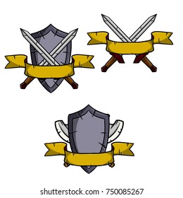 medieval weapon. heraldic coat of arms - a shield with a yellow ribbon, the crossed axe and sword