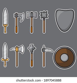 Icono de conjunto de dibujos animados aislados con arma medieval. El icono de la caricatura vectorial es la espada del caballero. Ilustración vectorial arma medieval.